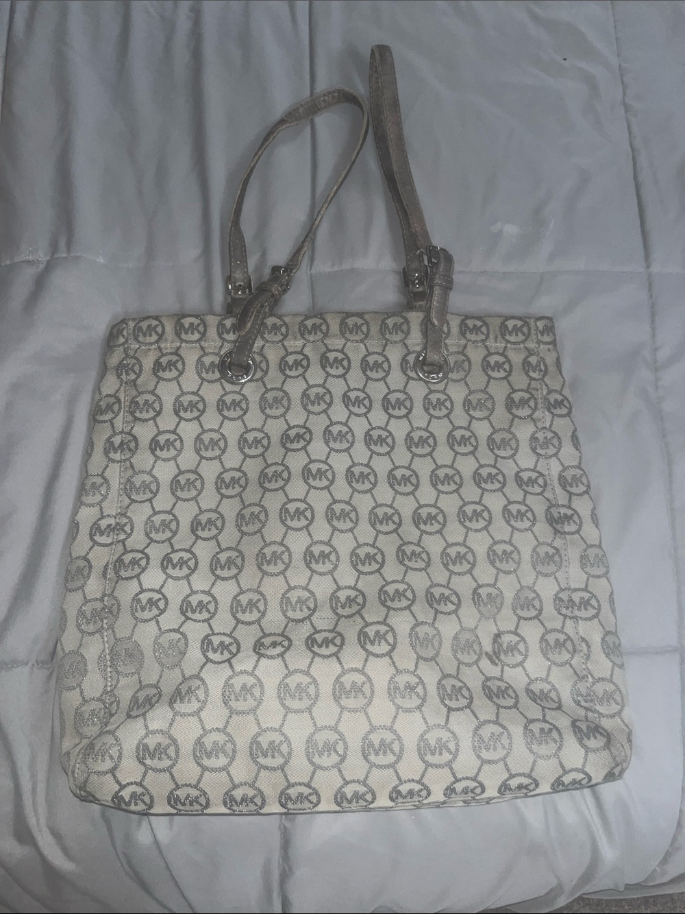 Michael Kors Cream and Gray MK Logo Tote